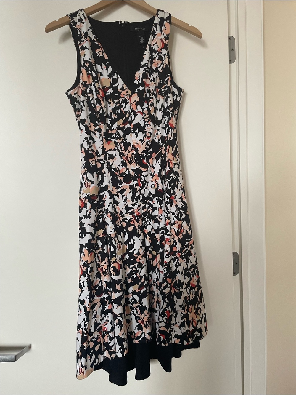 White House Black Market Black Floral Hi-Low Dress with Peach & White Accents